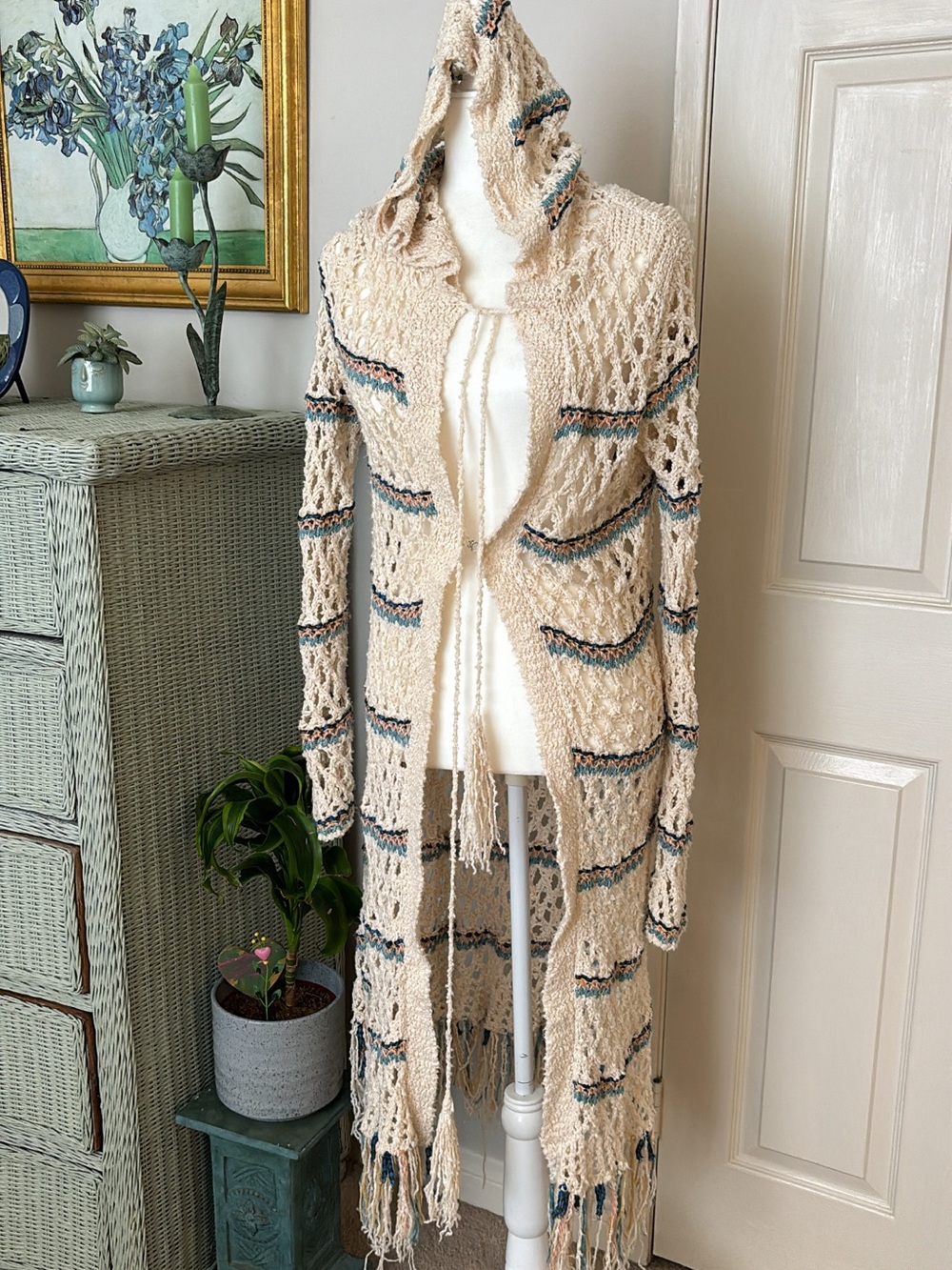 Free People Cream Hooded Open-Knit Long Cardigan with Teal & Black Stripes